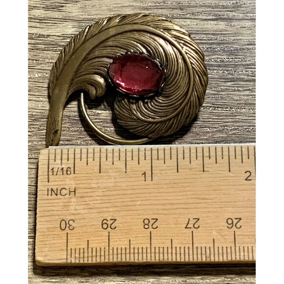 VTG 70s Jeri-Lou Gold-Tone Feather Scarf Clip Brooch Glass Stone Art Nouveau - Picture 4 of 5